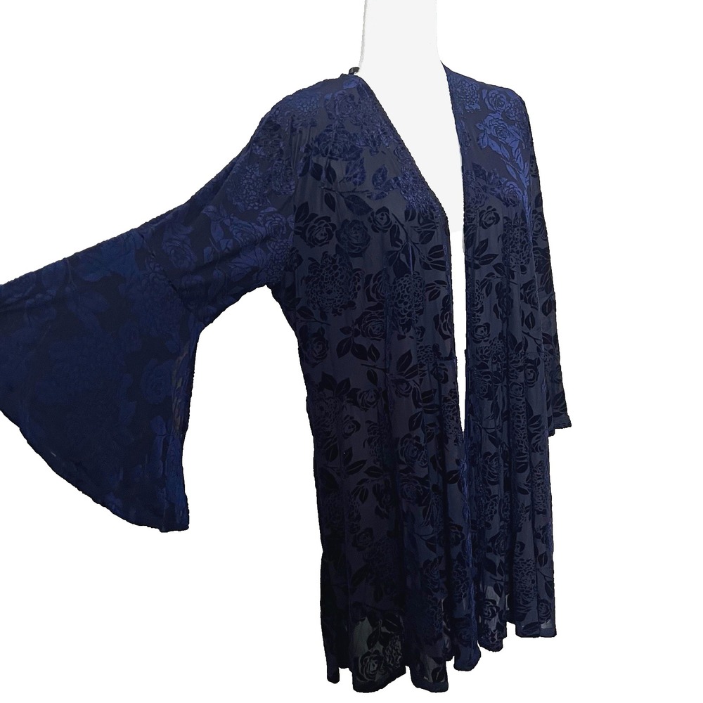COIN 1804 Velvet Burnout Kimono 2X Plus Size Blue Floral Duster Open Bell Sleeve